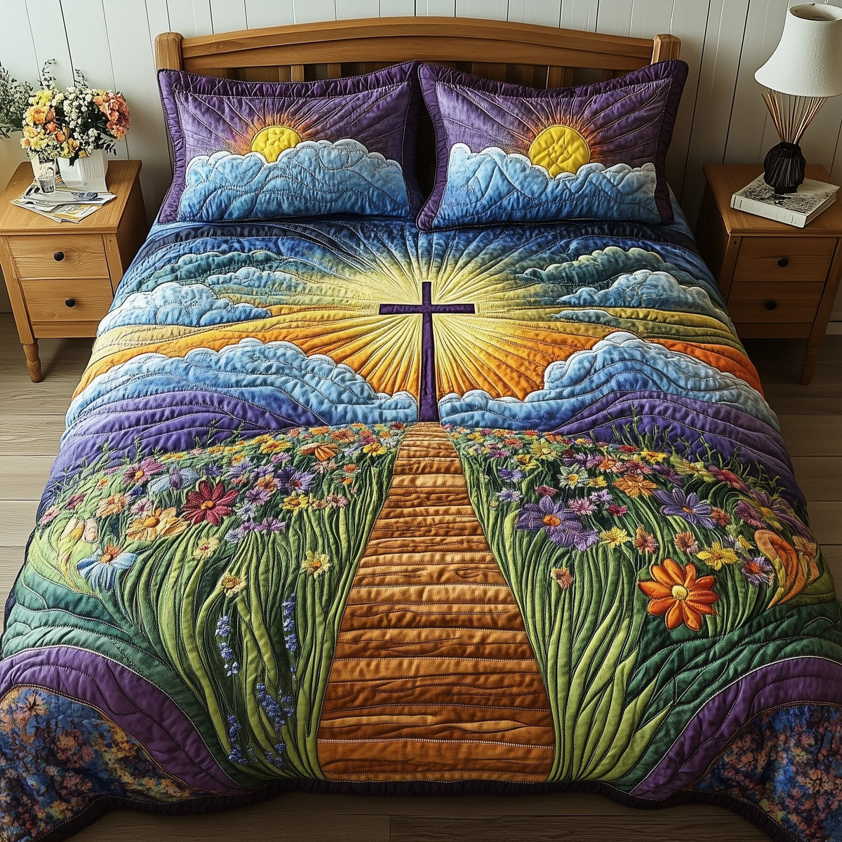 Cross 3-Piece Quilted Bedding Set - Design 18 — quilt and two matching pillow shams