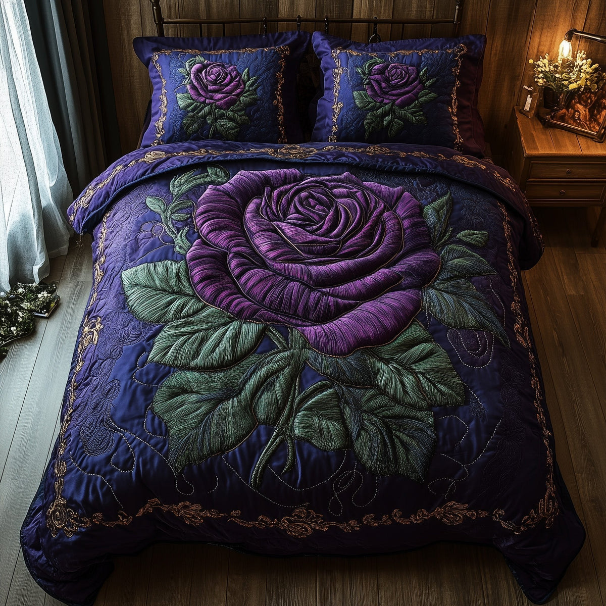 Elegance Rose 3-Piece Quilted Bedding Set - Design 1 — quilt and two matching pillow shams