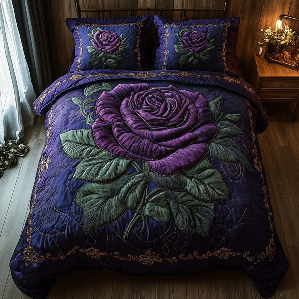 Elegance Rose quilted 3-piece bedding set on a made bed with two matching pillow shams