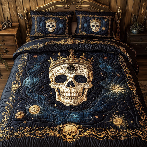 Celestial Reign of Death quilted 3-piece bedding set on a made bed with two matching pillow shams