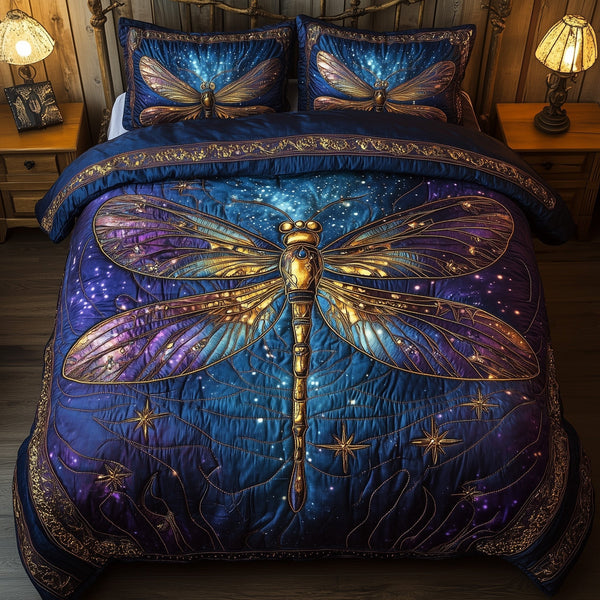 Dragonfly quilted 3-piece bedding set on a made bed with two matching pillow shams