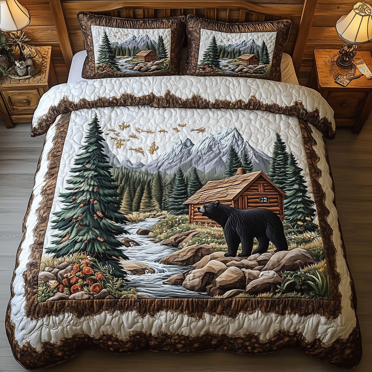 Bear and Cabin 3-Piece Quilted Bedding Set - Design 3 — quilt and two matching pillow shams
