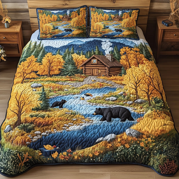 Bear and Cabin quilted 3-piece bedding set on a made bed with two matching pillow shams