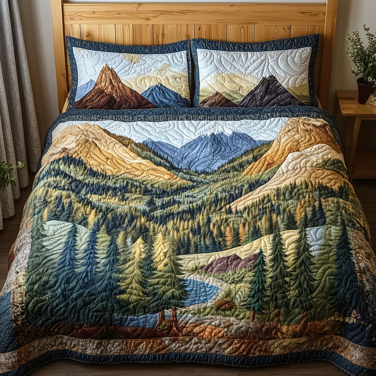 Deep Tranquil Forest 3-Piece Quilted Bedding Set — quilt and two matching pillow shams