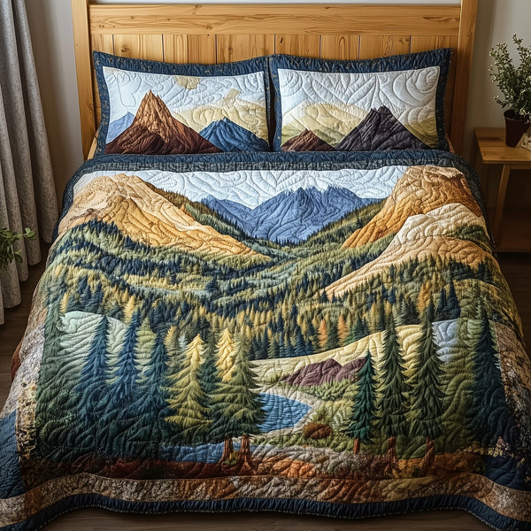 Deep Tranquil Forest quilted 3-piece bedding set on a made bed with two matching pillow shams