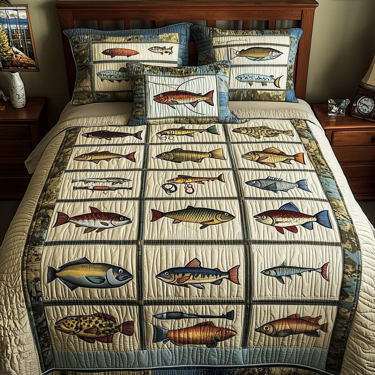 Fishing Adventure 3-Piece Quilted Bedding Set - Design 1 — quilt and two matching pillow shams