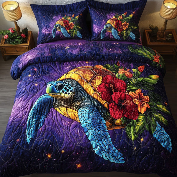 Celestial Bloom Turtle quilted 3-piece bedding set on a made bed in a light coastal bedroom