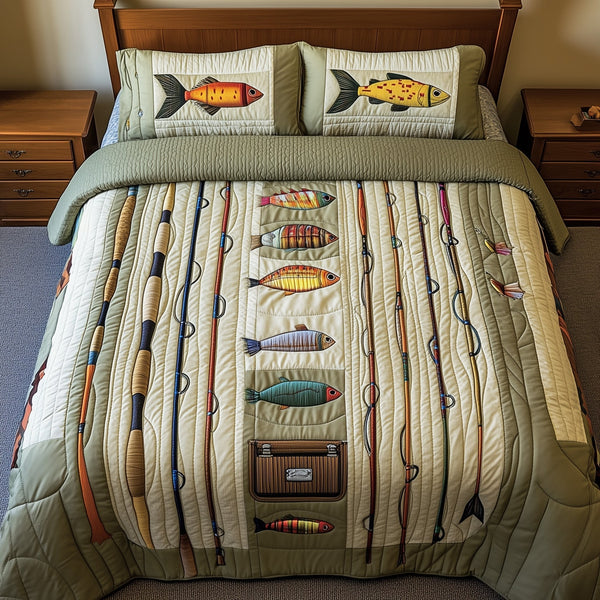 Fishing Gear Haven 3-Piece Quilted Bedding Set — quilt and two matching pillow shams