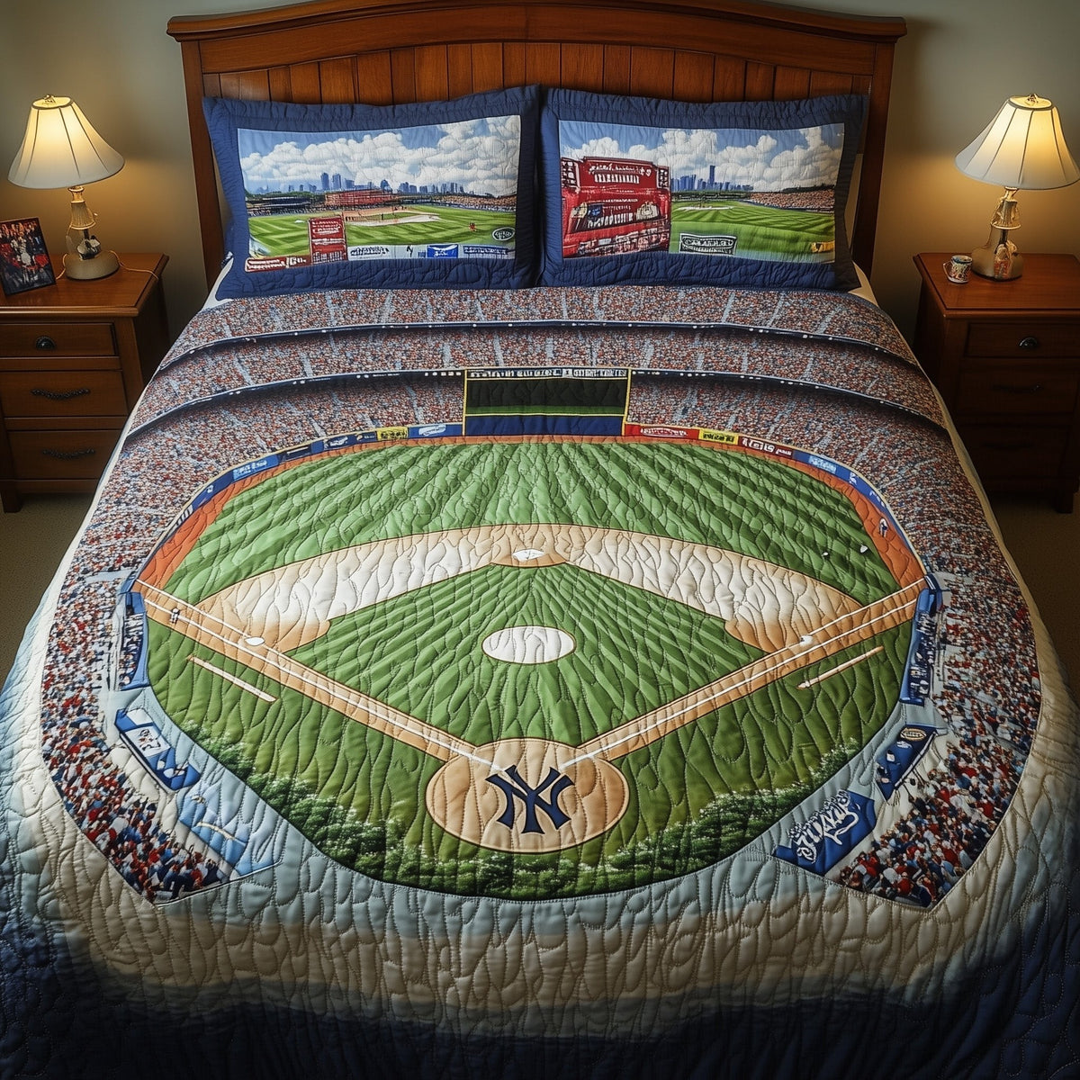 Baseball Field of Dreams 3-Piece Quilted Bedding Set — quilt and two matching pillow shams