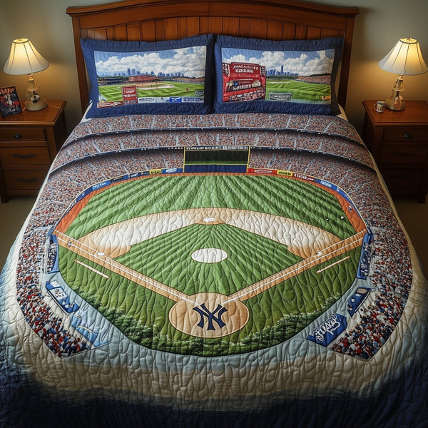 Baseball Field of Dreams quilted 3-piece bedding set on a made bed with two matching pillow shams