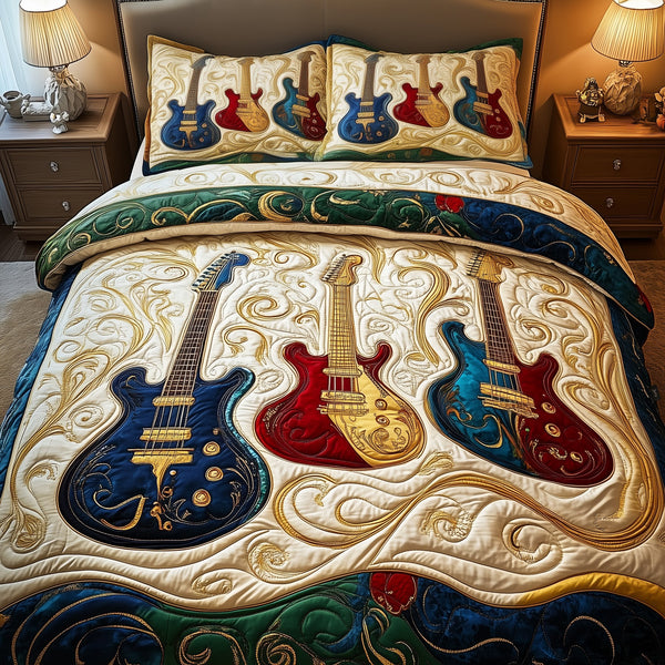 Elegant Guitar quilted 3-piece bedding set on a made bed with two matching pillow shams