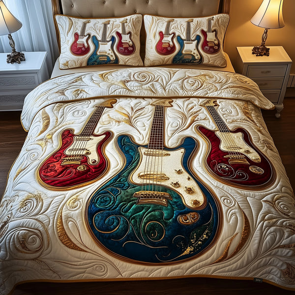 Elegant Guitar quilted 3-piece bedding set on a made bed with two matching pillow shams