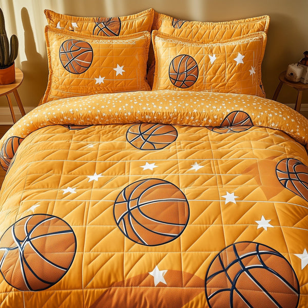 Basketball Night Lights quilted 3-piece bedding set on a made bed with two matching pillow shams