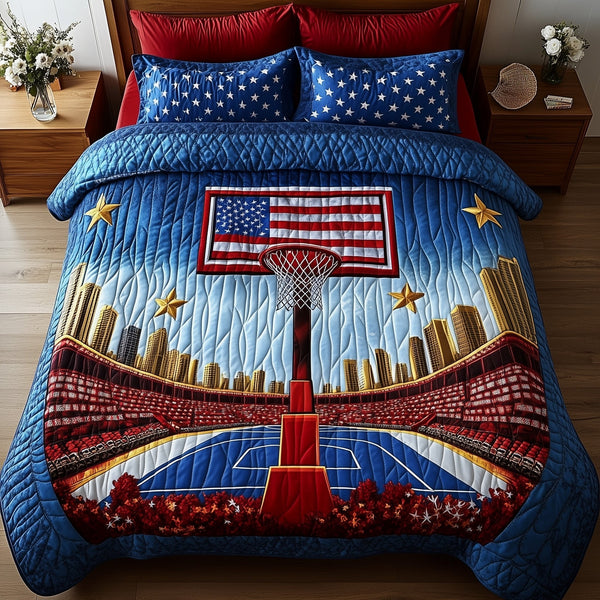 American Hoop Dream quilted 3-piece bedding set on a made bed in a warmly lit bedroom