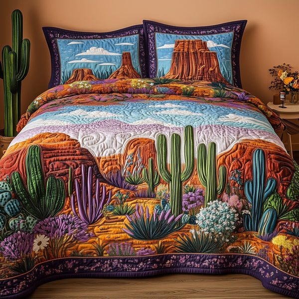 Canyon Bloom Symphony quilted 3-piece bedding set on a made bed with two matching pillow shams