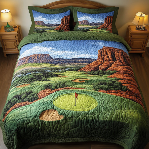 Canyon Golf Vista quilted 3-piece bedding set on a made bed with two matching pillow shams