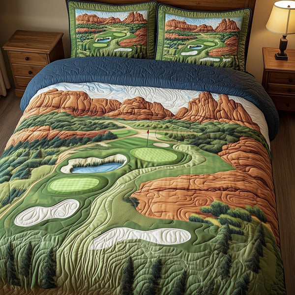 Arizona Golf Dream quilted 3-piece bedding set on a made bed with two matching pillow shams