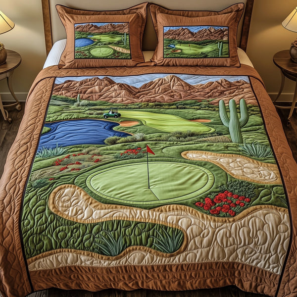 Desert Golf Haven quilted 3-piece bedding set on a made bed with two matching pillow shams