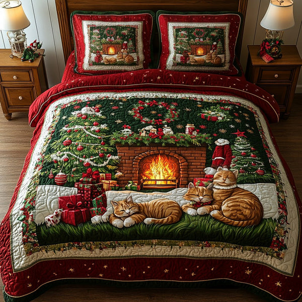 Christmas Cozy Fireplace quilted 3-piece bedding set on a made bed in a winter-styled bedroom