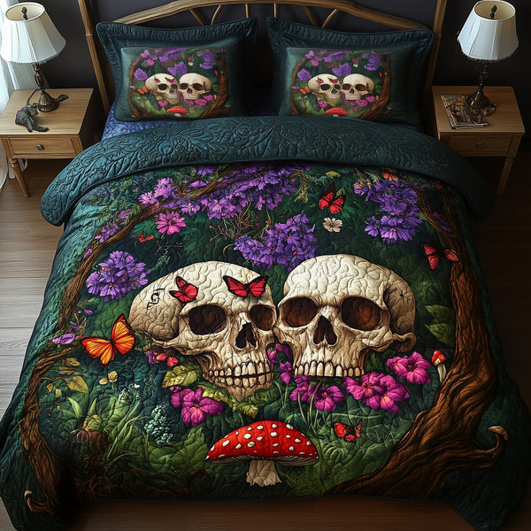 Dreamland Couple Skull quilted 3-piece bedding set on a made bed against a dark styled interior