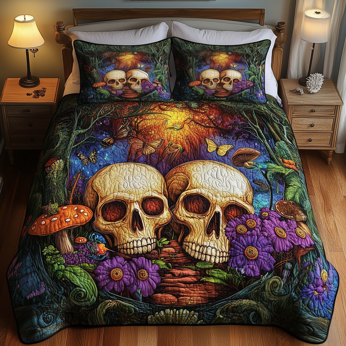 Dreamland Couple Skull 3-Piece Quilted Bedding Set - Design 2 — quilt and two matching pillow shams