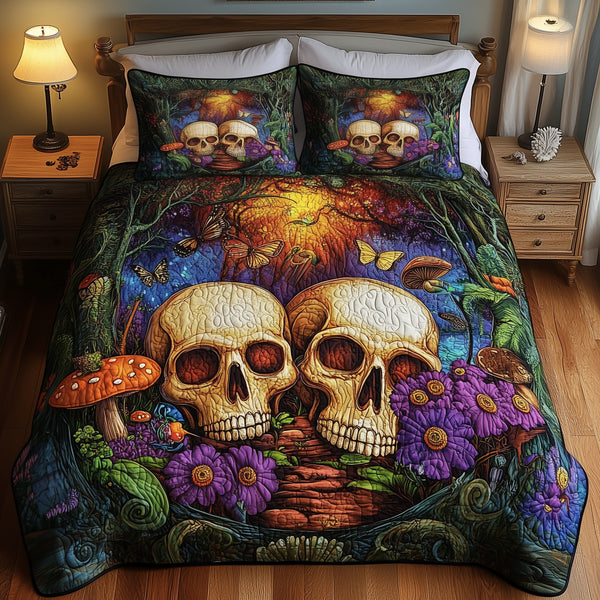 Dreamland Couple Skull quilted 3-piece bedding set on a made bed against a dark styled interior