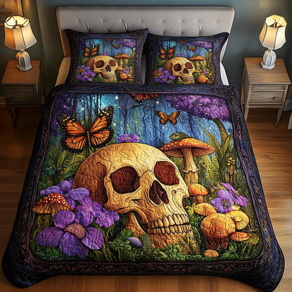 Dreamland Skull quilted 3-piece bedding set on a made bed against a dark styled interior