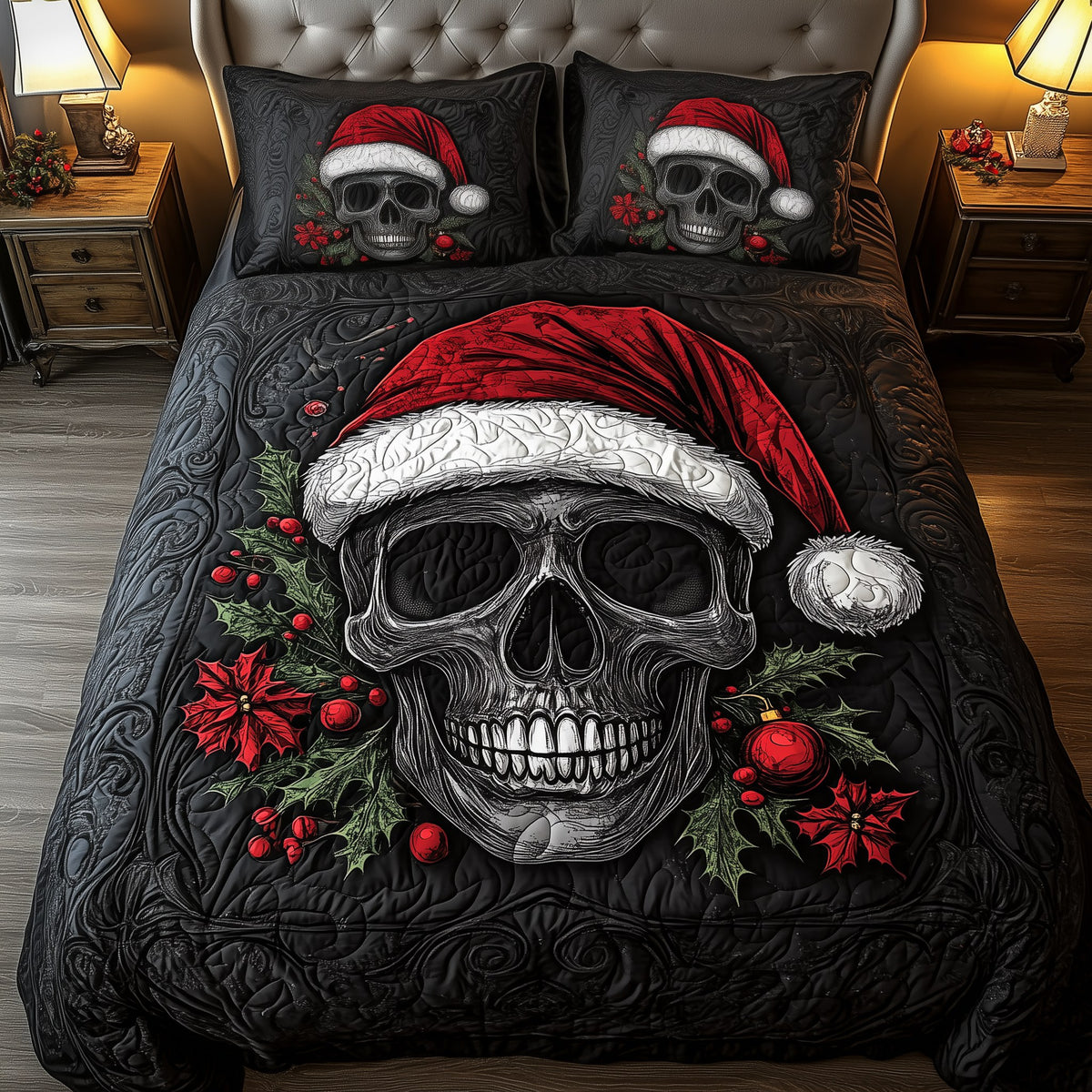 Dark Santa Skull 3-Piece Quilted Bedding Set — quilt and two matching pillow shams