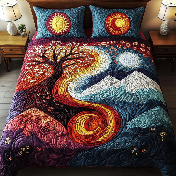 Elements Contrast quilted 3-piece bedding set on a made bed with two matching pillow shams