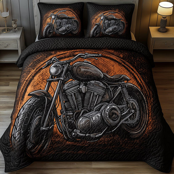 Black Motorcycle quilted 3-piece bedding set on a made bed with two matching pillow shams