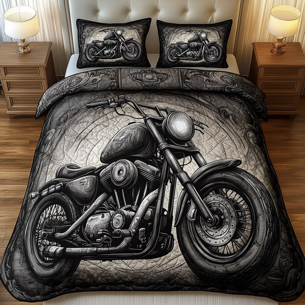 Black Motorcycle 3-Piece Quilted Bedding Sett quilted 3-piece bedding set on a made bed with two matching pillow shams