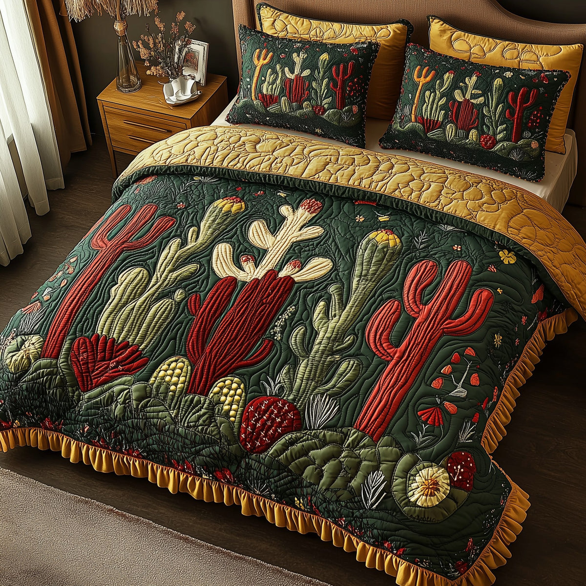 Festive Cactus 3-Piece Quilted Bedding Set — quilt and two matching pillow shams