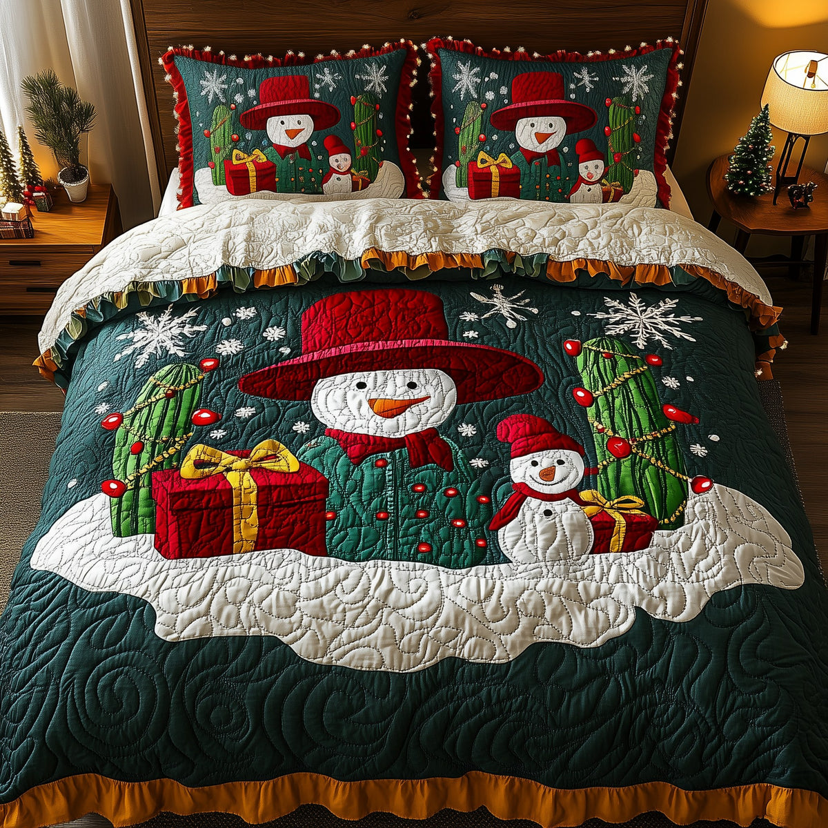 Christmas Joyful Cactus 3-Piece Quilted Bedding Set - Design 1 — quilt and two matching pillow shams
