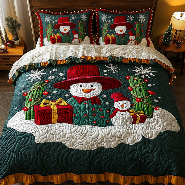 Christmas Joyful Cactus quilted 3-piece bedding set on a made bed in a winter-styled bedroom
