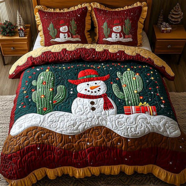 Christmas Joyful Cactus quilted 3-piece bedding set on a made bed in a winter-styled bedroom