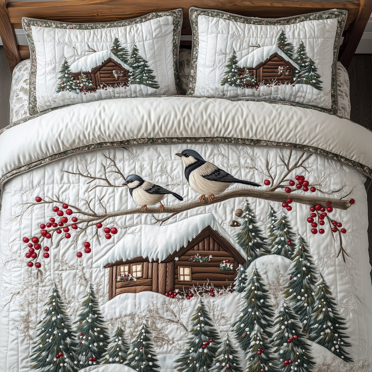 Christmas Cozy Cabin 3-Piece Quilted Bedding Set - Design 2 — quilt and two matching pillow shams