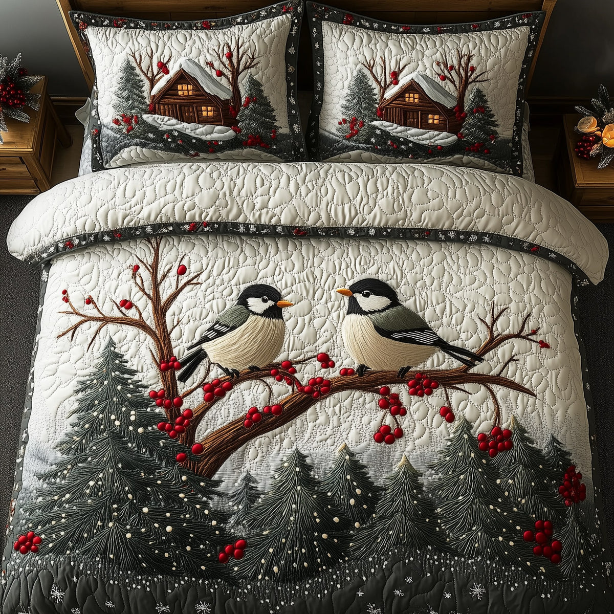 Christmas Cozy Bird 3-Piece Quilted Bedding Set — quilt and two matching pillow shams
