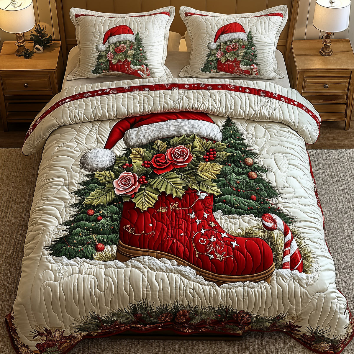 Christmas Santa Boots 3-Piece Quilted Bedding Set - Design 1 — quilt and two matching pillow shams