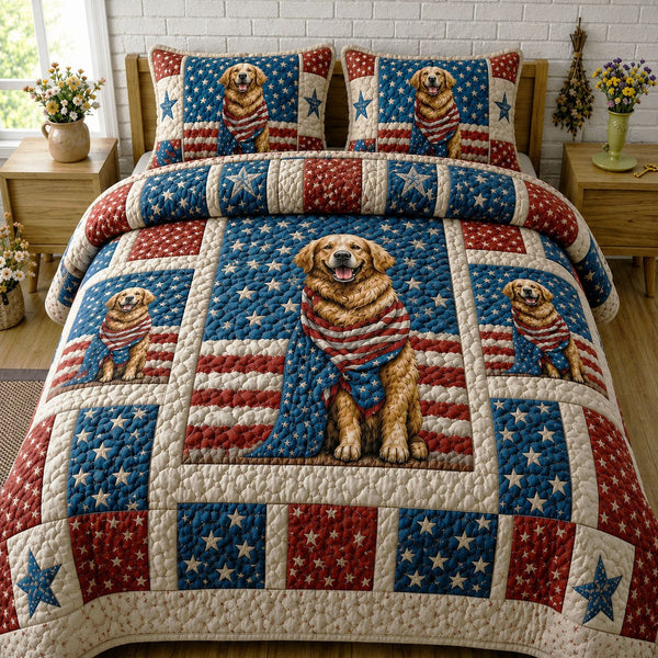 American Golden Retriever quilted 3-piece bedding set on a made bed in a warmly lit bedroom