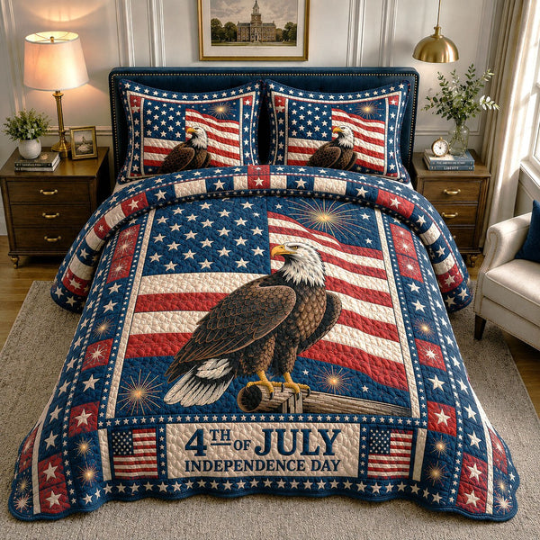 Bald Eagle 4th of July quilted 3-piece bedding set on a made bed in a warmly lit bedroom