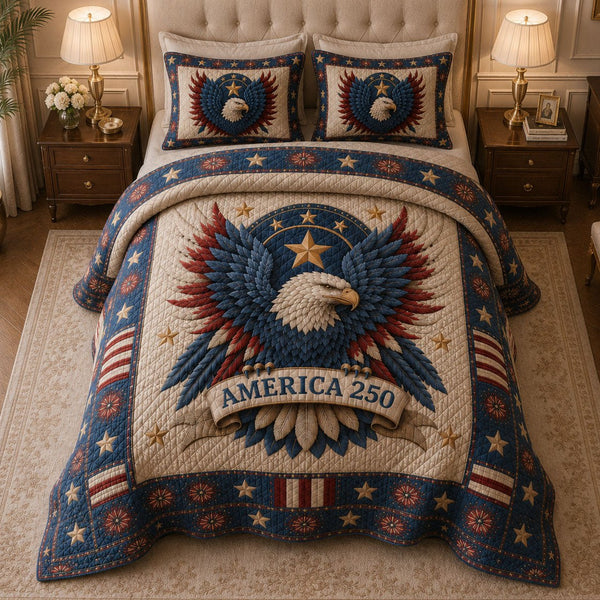 Bald Eagle America 250 quilted 3-piece bedding set on a made bed in a warmly lit bedroom