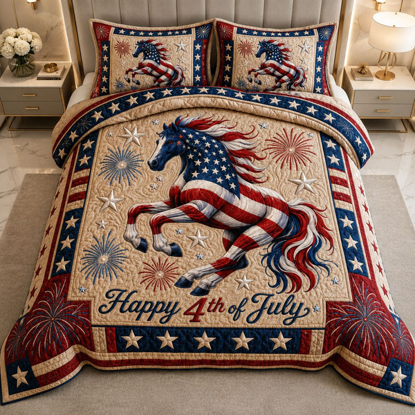 American Horse quilted 3-piece bedding set on a made bed in a warmly lit bedroom