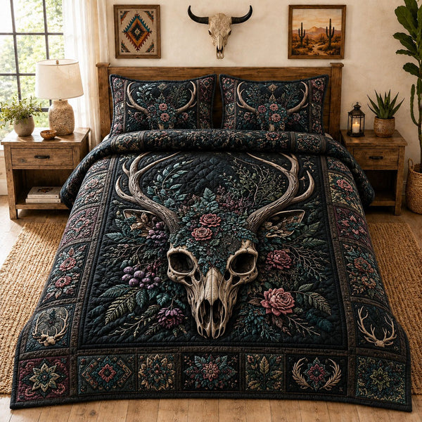 Boho Floral Deer Skull quilted 3-piece bedding set on a made bed against a dark styled interior