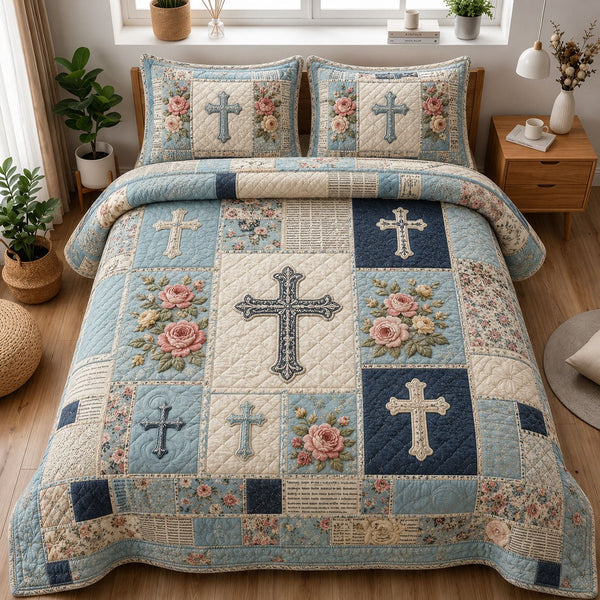 Blue Rose Cross Christian Patchwork quilted 3-piece bedding set on a made bed in a softly lit bedroom