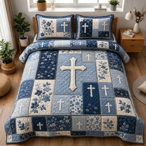 Blue Floral Cross Farmhouse Christian quilted 3-piece bedding set on a made bed in a softly lit bedroom