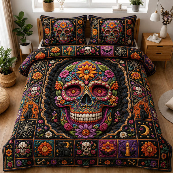 Fiesta Sugar Skull Halloween quilted 3-piece bedding set on a made bed against a dark styled interior