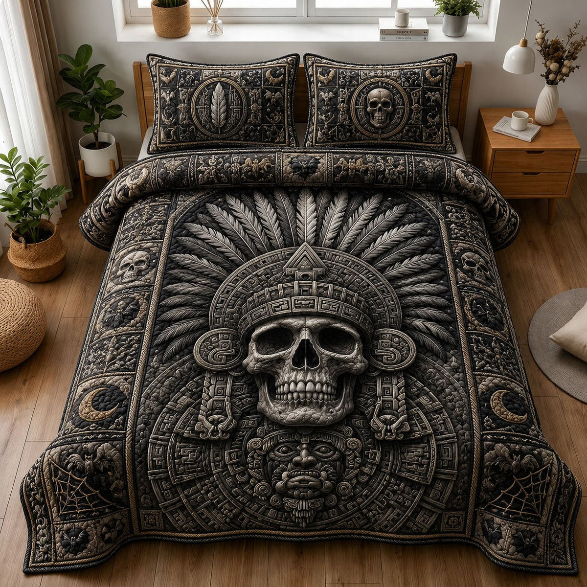 Ancient Aztec Skull Headdress 3-Piece Quilted Bedding Set — quilt and two matching pillow shams