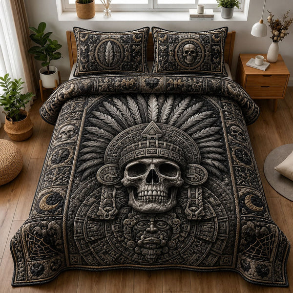 Ancient Aztec Skull Headdress quilted 3-piece bedding set on a made bed against a dark styled interior