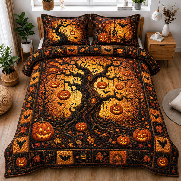 Enchanted Pumpkin Tree 3-Piece Quilted Bedding Set — quilt and two matching pillow shams