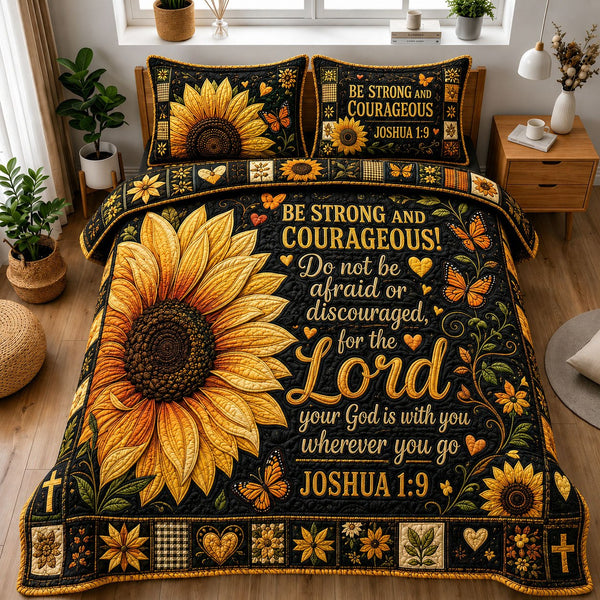 Be Strong and Courageous Sunflower quilted 3-piece bedding set on a made bed with two matching pillow shams